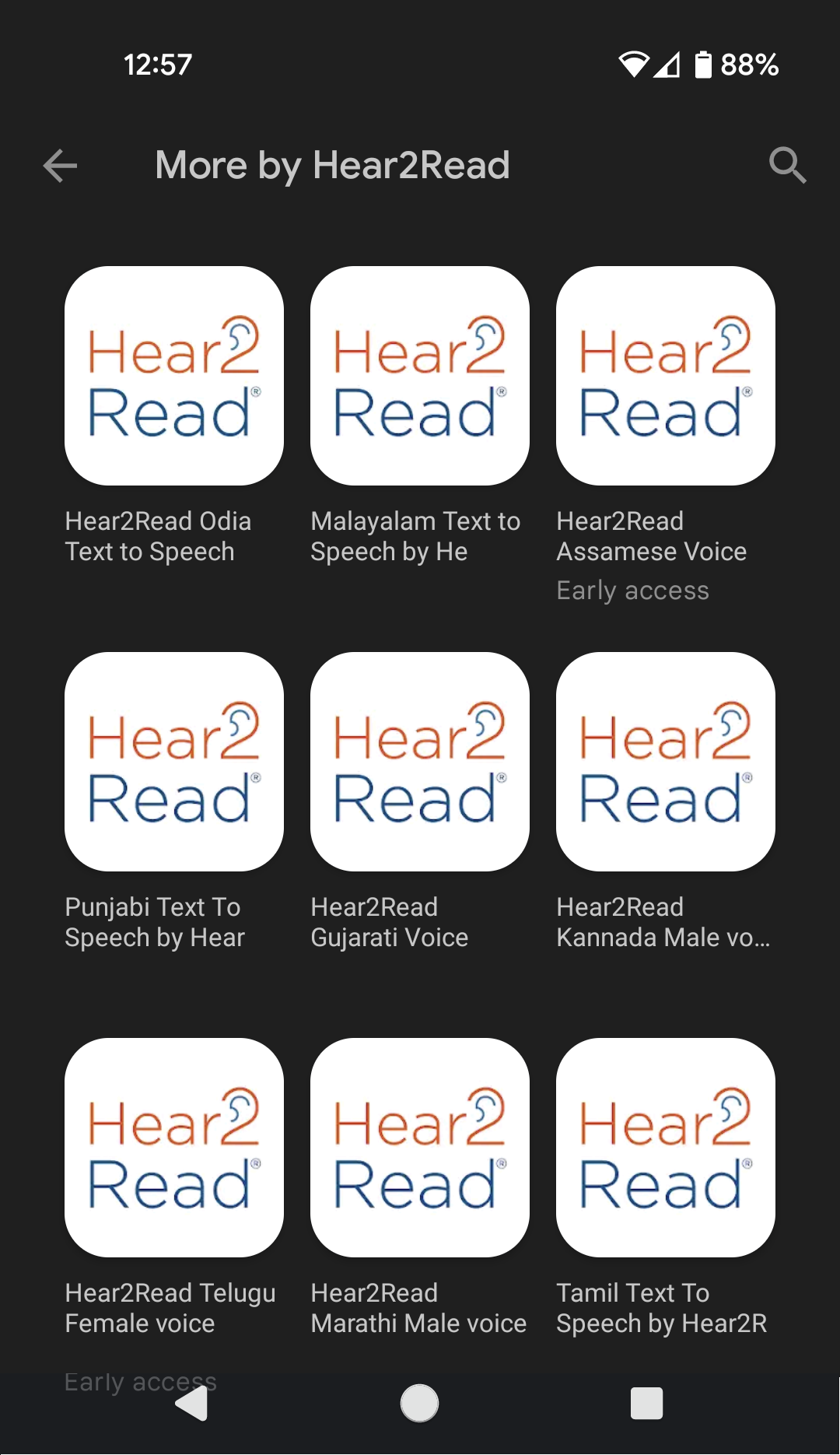 Hear2Read Indian Text To Speech apps on an Android phone